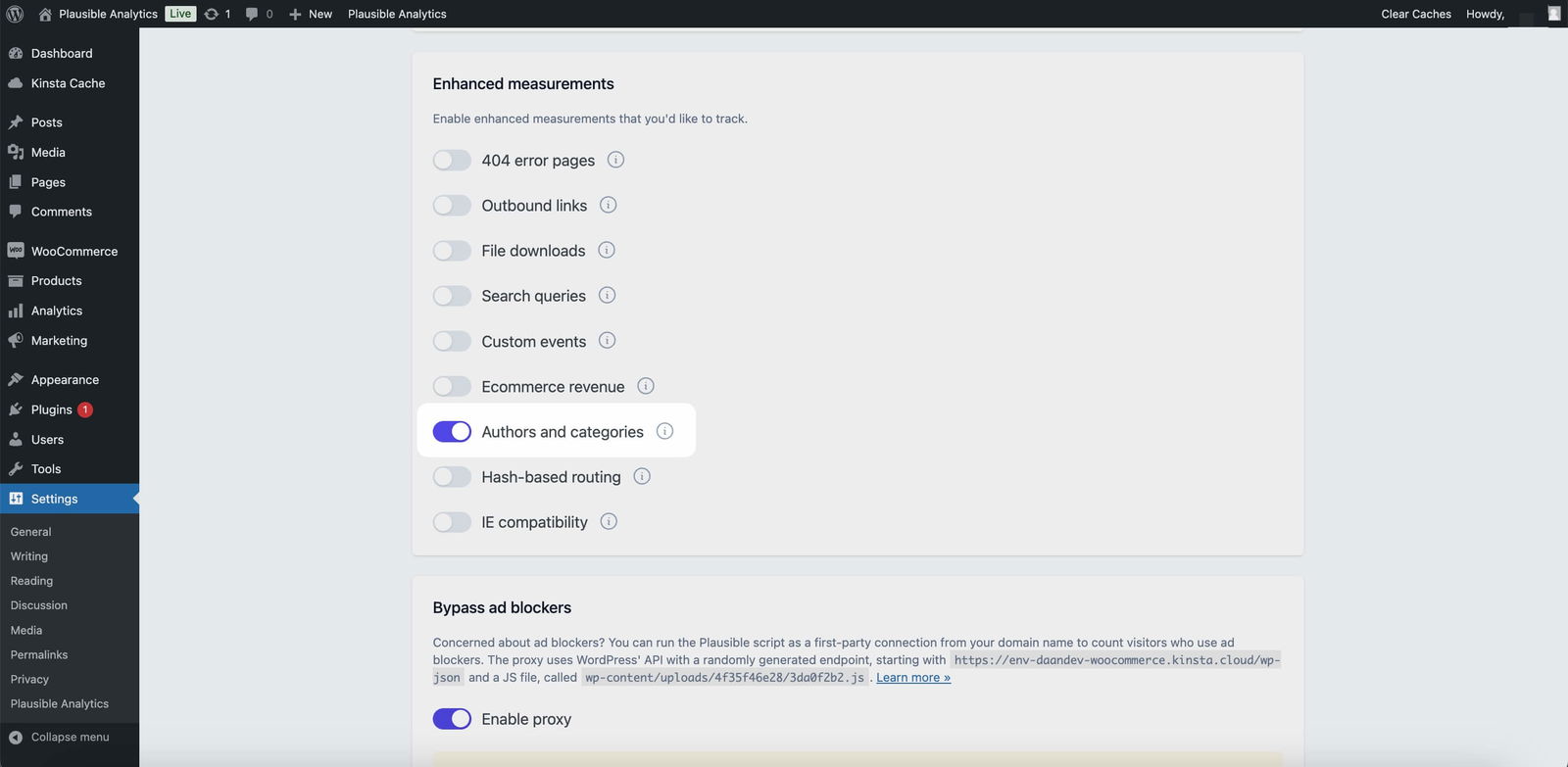 turning on Authors and Categories setting in Plausible plugin settings